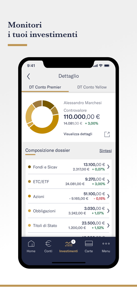 Mediobanca Premier - Schermata del portafoglio di investimenti dell'app Mediobanca Premier che mostra le categorie di asset e il valore totale del conto