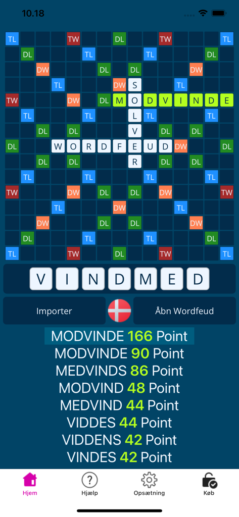 Interfaz de Solucionador de Wordfeud mostrando una lista de sugerencias de palabras de alta puntuación.