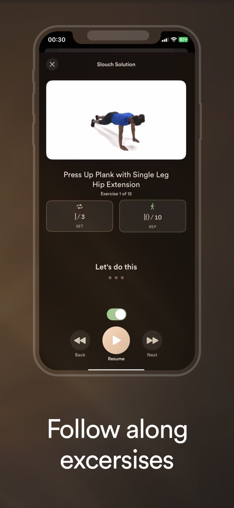 UpWise - Fix Posture Now - Interface of the UpWise app showing a follow-along posture correction exercise with video demonstration and rep tracking.