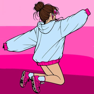 realistic girl jumping with a bun and oversized sweatshirt
