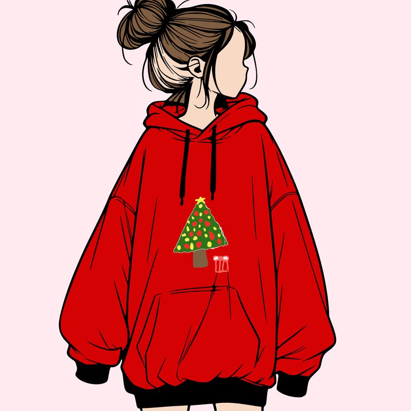realistic girl with a oversized sweatshirt on and a bun