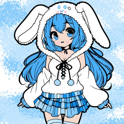pretty anime girl wearing a fluffy hoodie with bunny ears on the hood and a skirt