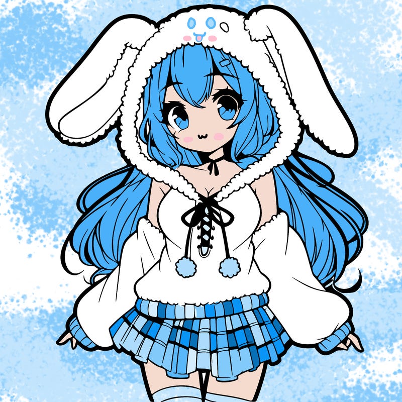 pretty anime girl wearing a fluffy hoodie with bunny ears on the hood and a skirt