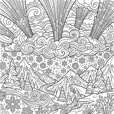 Dive into a frosty adventure with this enchanting coloring page, perfect for young artists. Discover towering mountains, cheerful pine trees, and mystical blue jets illuminating a snowy winter scene.
