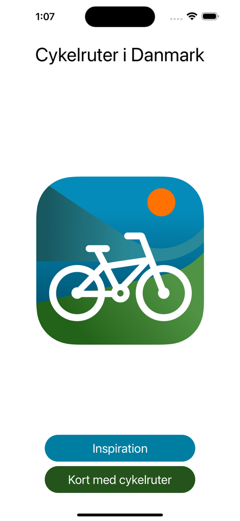 Startbildschirm der Fahrrad-App Cykelruter i Danmark mit Navigationsschaltflächen und einem Fahrradsymbol.