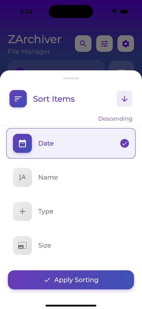 ZArchiver File Manager - ZArchiver File Manager sorting menu with options for date name type and size