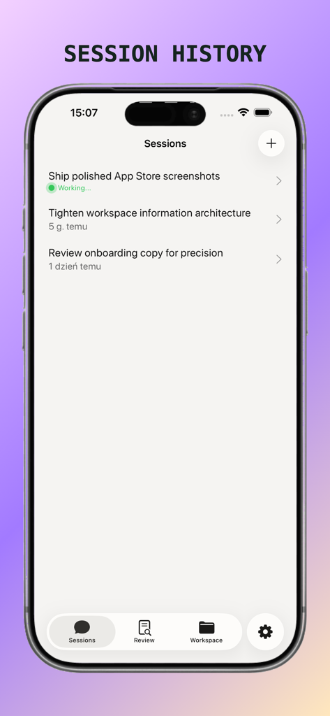 OpenLens app interface displaying a list of active and past AI coding sessions with status updates