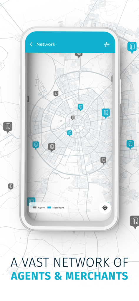 NassWallet-Mobil-App zeigt eine Karte mit Agenten- und Händlerstandorten im Irak an