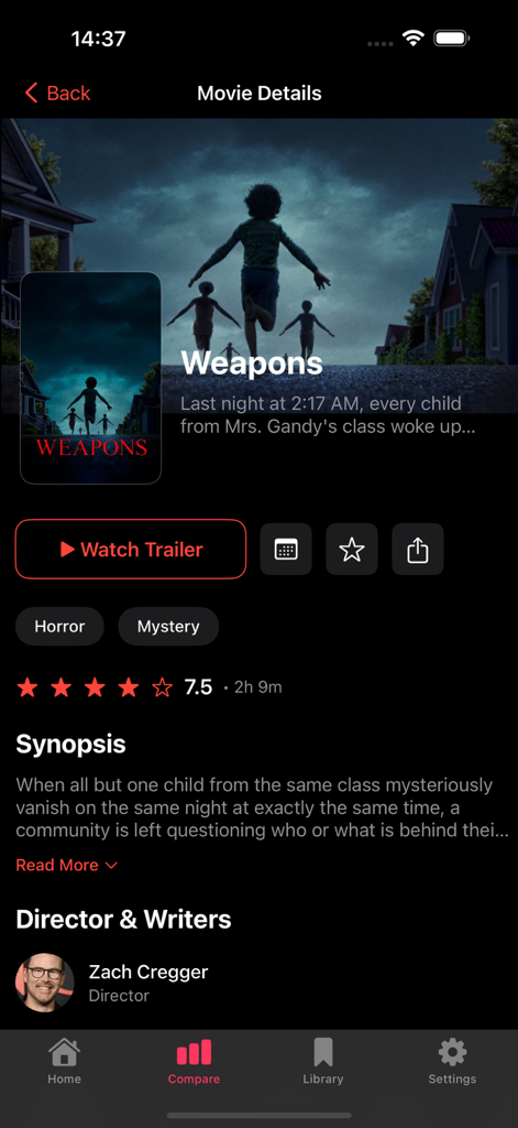 Dodo: Webview Movies By Moods - Interface of Dodo app displaying movie details for Weapons with ratings and synopsis