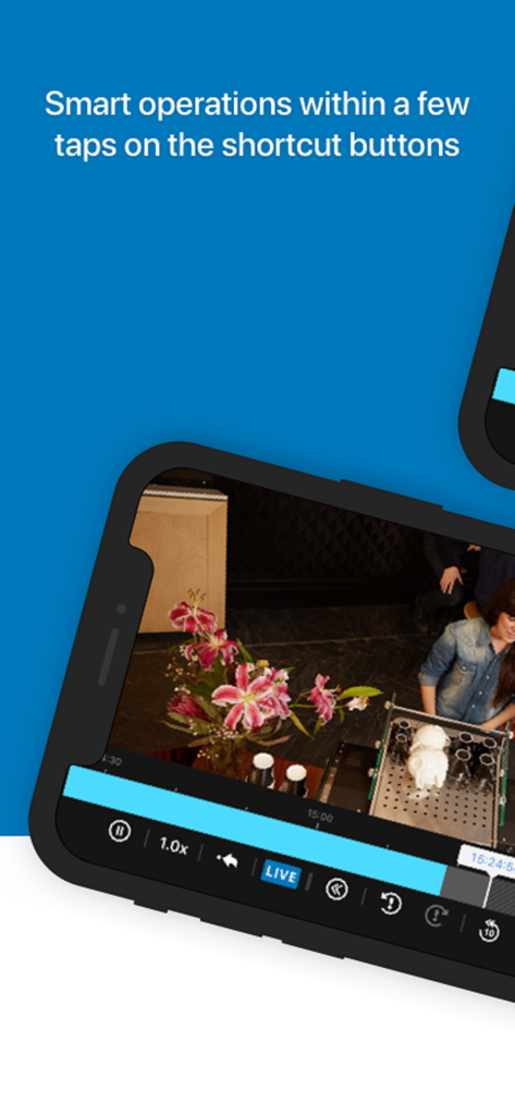 DS cam mobile app interface showing a live security camera feed with timeline and playback control buttons