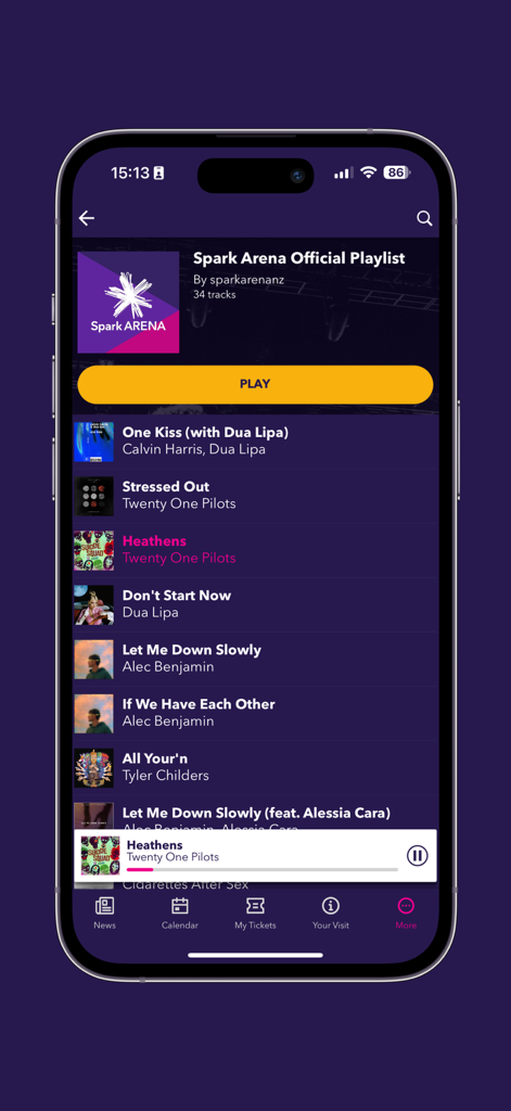 Spark Arena - Pantalla de lista de reproducción oficial de la app Spark Arena con canciones de varios artistas