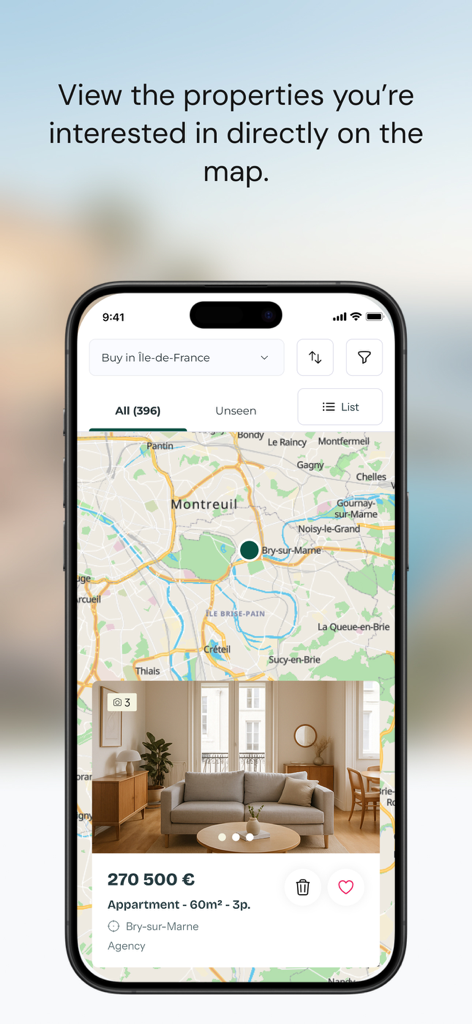 Green-Acres - Green-Acres App Kartenoberfläche zeigt europäische Immobilienangebote mit Preisen und Details