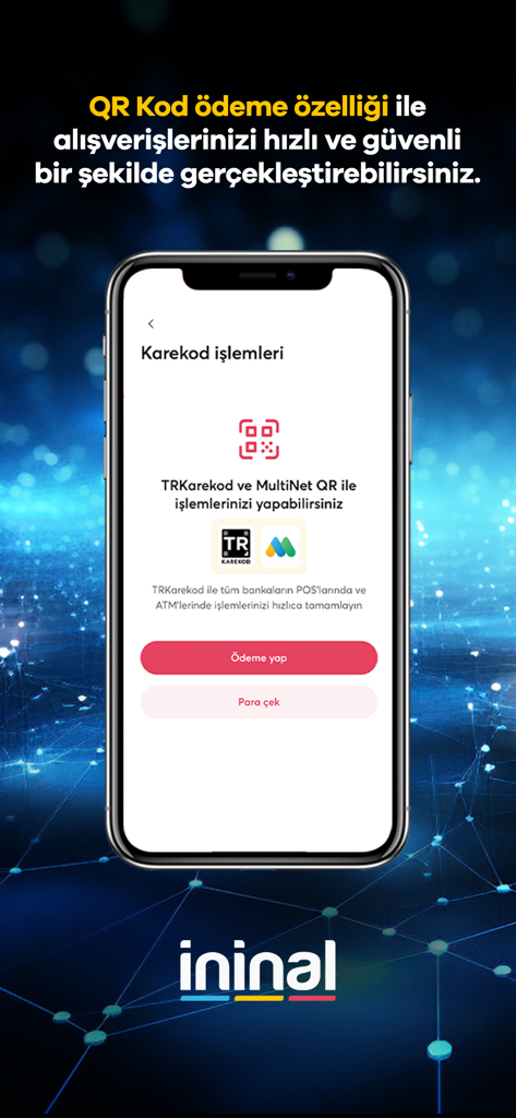 ininal - QR 코드 결제 및 현금 인출 옵션을 보여주는 ininal 모바일 앱 인터페이스