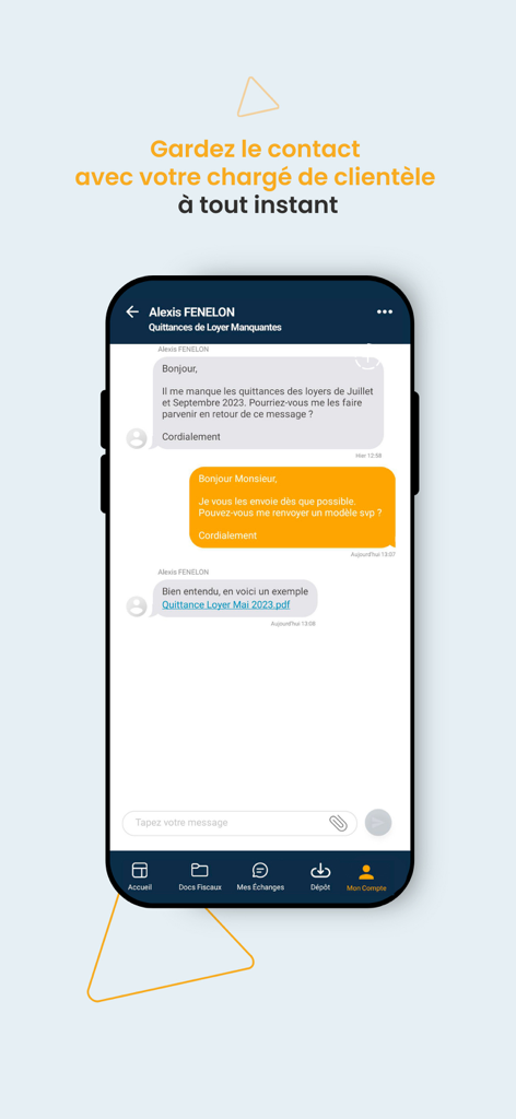 Pantalla de mensajería dentro de la aplicación de Amarris Immo Expert que muestra un chat con un gestor de cuentas dedicado sobre documentos de alquiler.