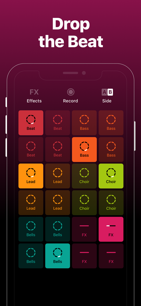 Groovepad mobile app interface with a colorful grid for music and beat making