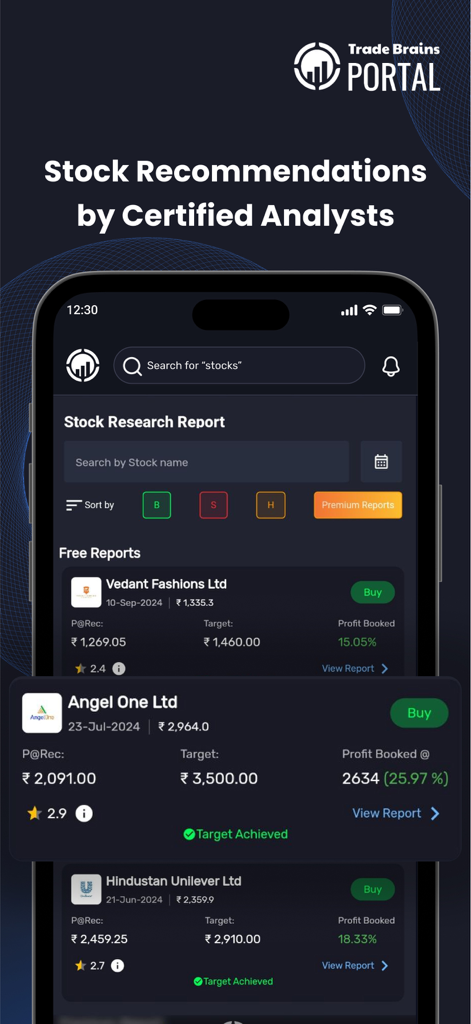 Trade Brains Portal - Trade Brains Portal app interface displaying stock research reports and recommendations by certified analysts for Indian companies