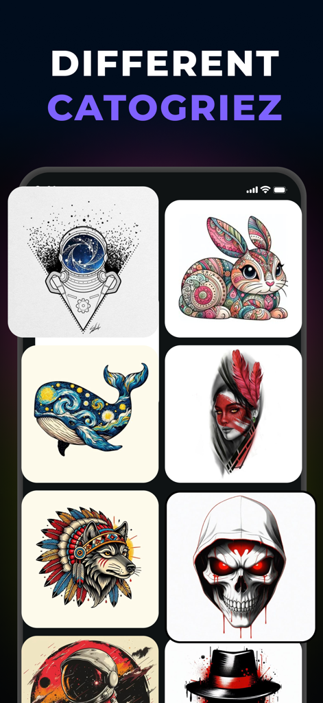 Una galleria di diversi design di tatuaggi generati dall'IA che mostrano stili e categorie differenti