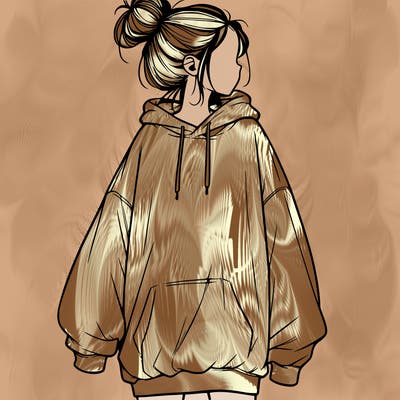 realistic girl with a oversized sweatshirt on and a bun