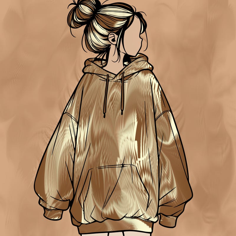 realistic girl with a oversized sweatshirt on and a bun