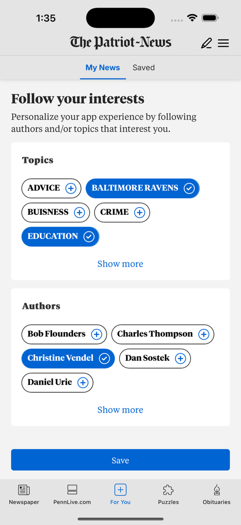 The Patriot-News app screen for personalizing news by following specific topics and authors.
