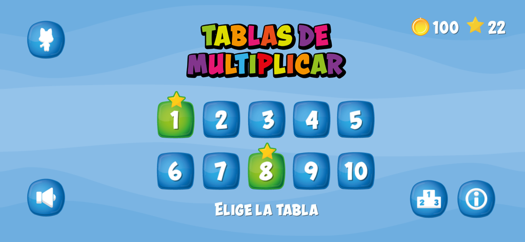 Level selection screen of the Tablas Multiplicar app showing numbers one through ten on a blue background