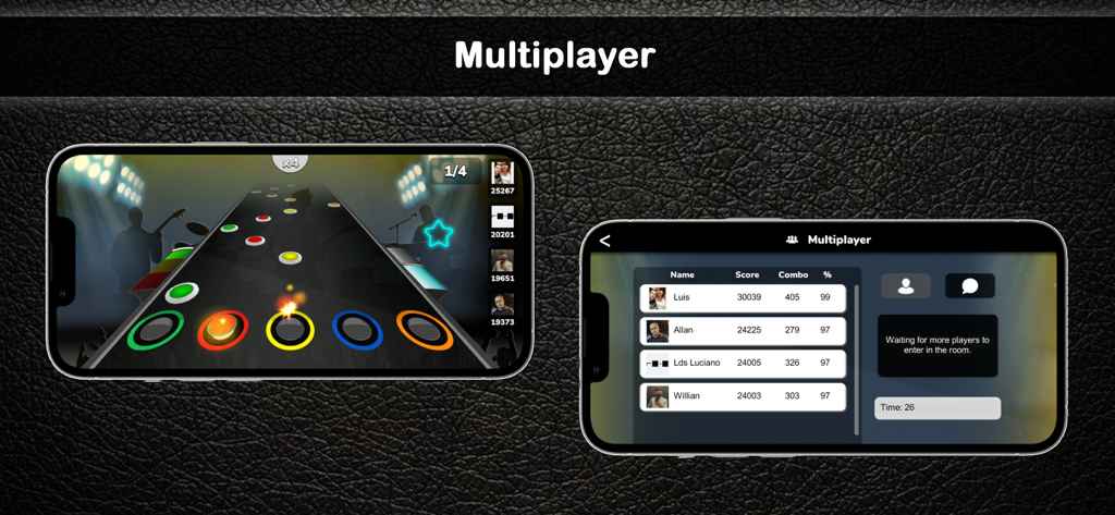 Guitar Flash multiplayer gameplay and leaderboard rankings shown on mobile devices