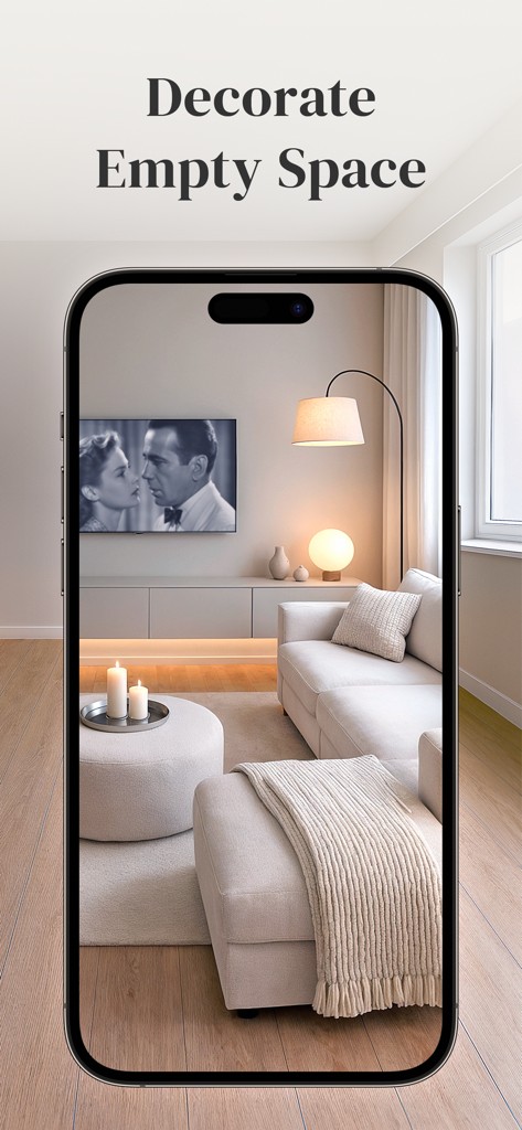 AI Home Design - Decorio - A smartphone screen showing the Decorio app visualizing a modern living room design to decorate an empty space