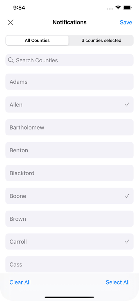 Travel Advisory - Notification settings screen in the Indiana Travel Advisory app for selecting specific counties to receive travel alerts.