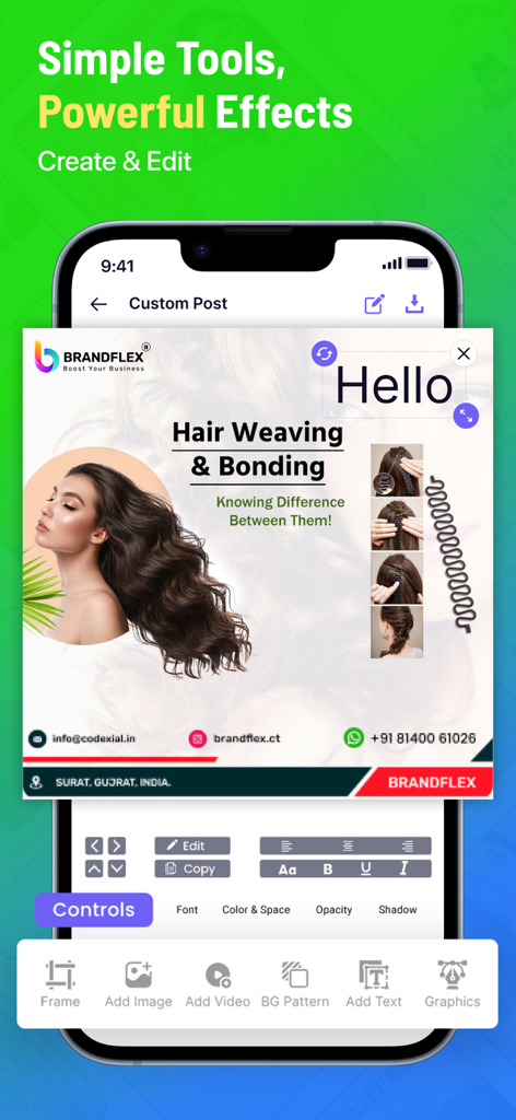 BrandFlex®: Festival Poster - BrandFlex app interface on an iPhone showing powerful tools to create and edit custom business posters for professional branding