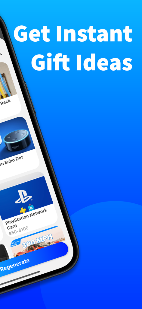 A smartphone display showing the Giftly app with various gift suggestions including an Amazon Echo and a PlayStation gift card.