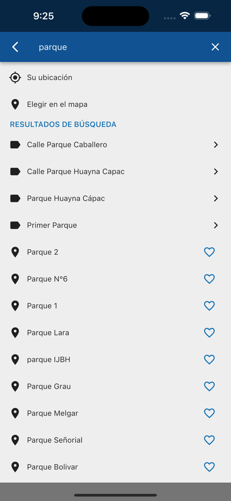 Arequipa Bus - Uma lista de resultados de pesquisa para parques e locais na interface do aplicativo de navegação Arequipa Bus