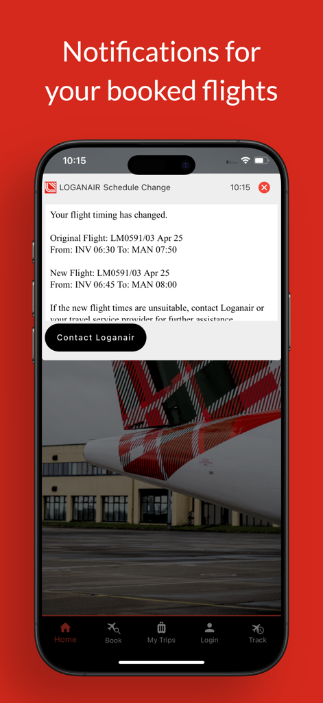 Loganair app displaying a flight schedule change notification on a smartphone