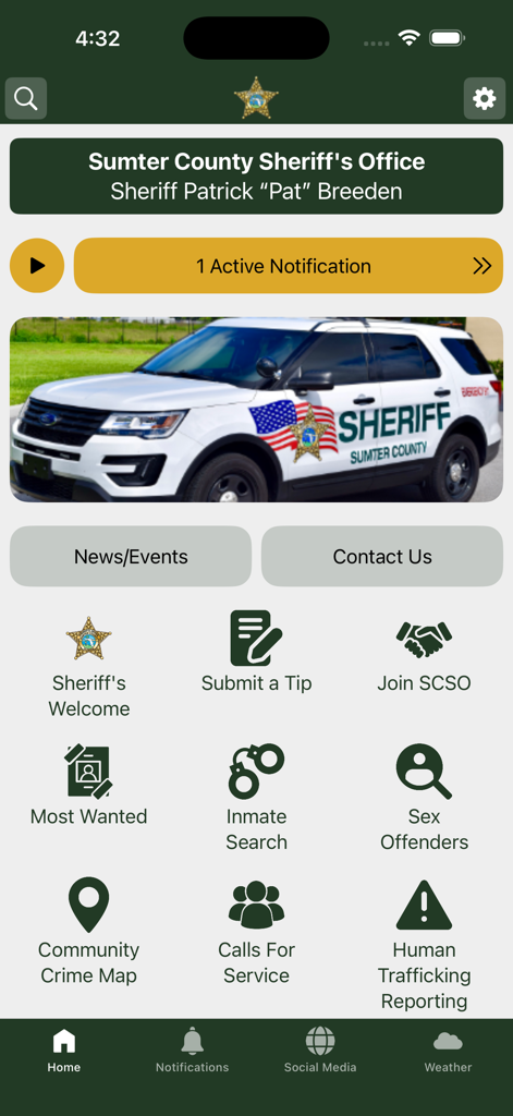 Sumter County Sheriff's Office - Sumter County Sheriff Office app home screen with community safety icons