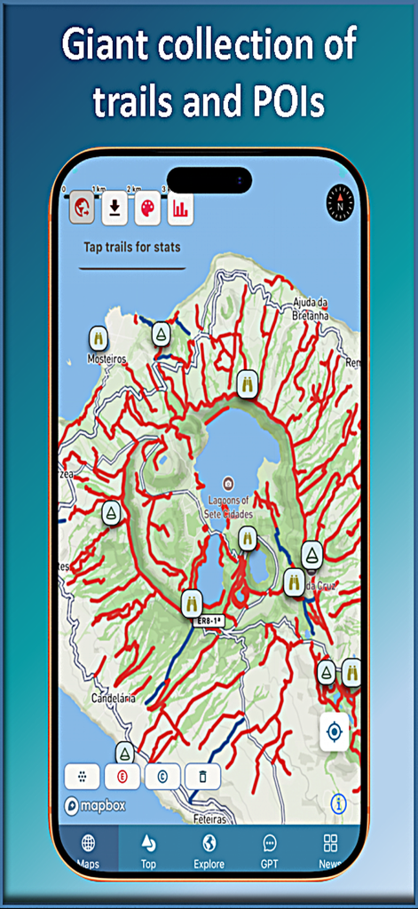 Trail Explorer - Map view of the Trail Explorer app showing a giant collection of hiking trails and points of interest around the Lagoons of Sete Cidades.