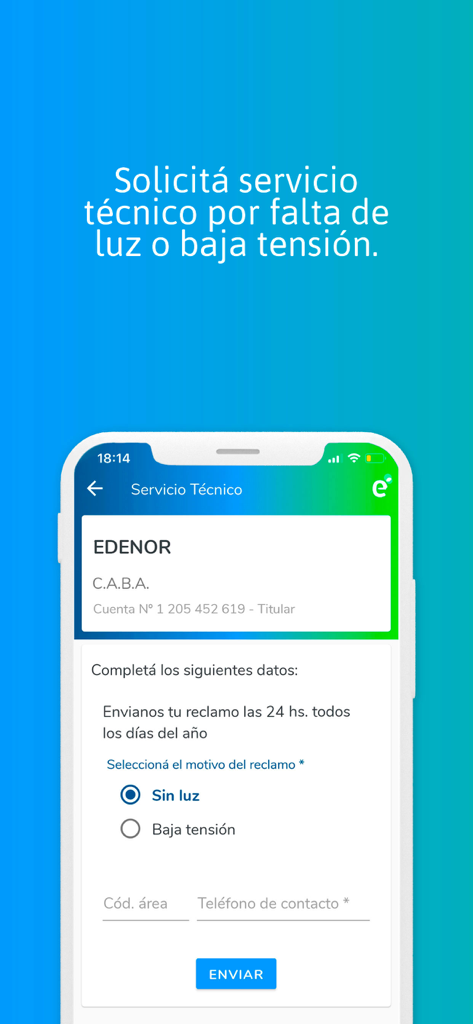 Interfaz de la app edenordigital para reportar un corte de luz o bajo voltaje.
