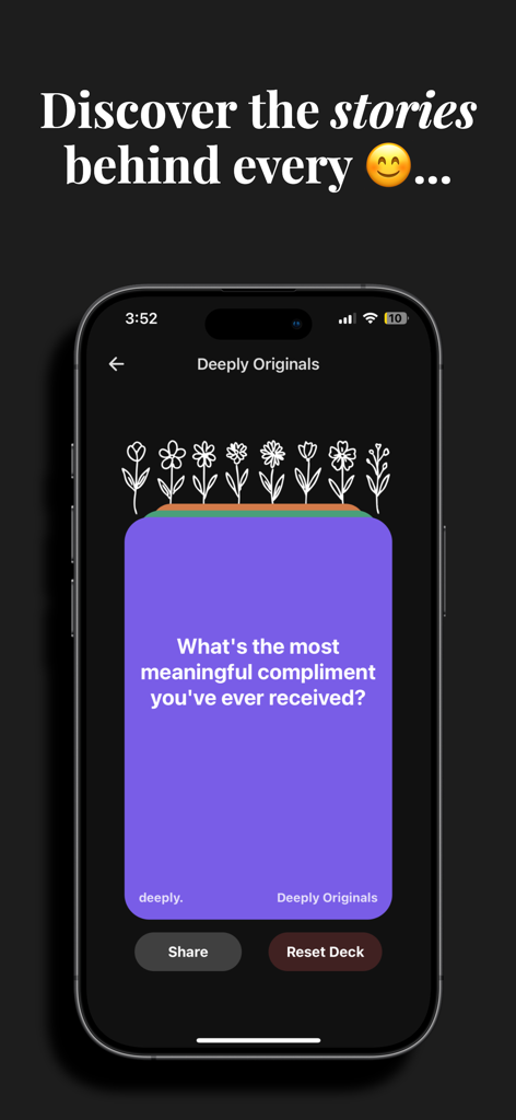 deep conversations: deeply - Una tarjeta de conversación morada de la aplicación Deeply mostrando una pregunta profunda sobre cumplidos significativos.