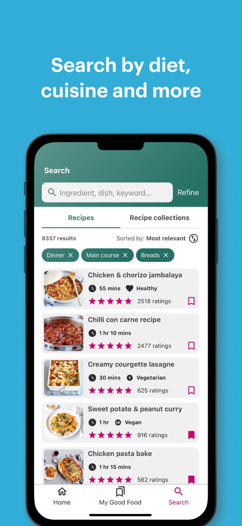 Pantalla de resultados de búsqueda en la aplicación Good Food con lista de recetas y filtros.