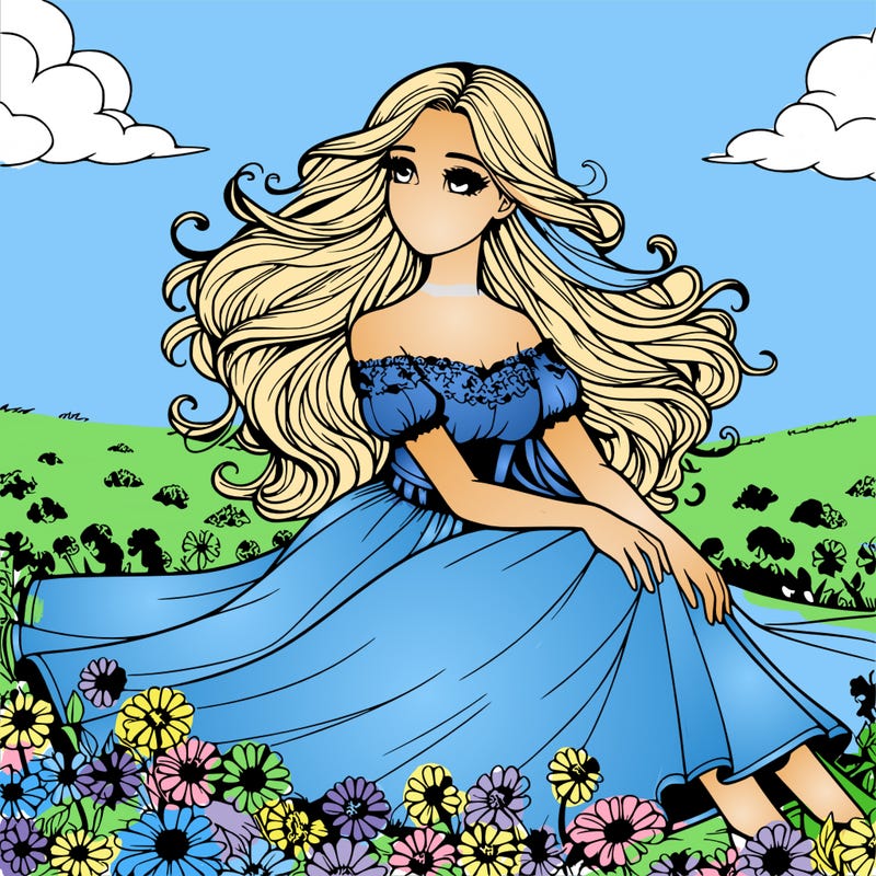 a realistic girl sitting in flowery fields in a gorgeous dress with a wind blowing in her hair