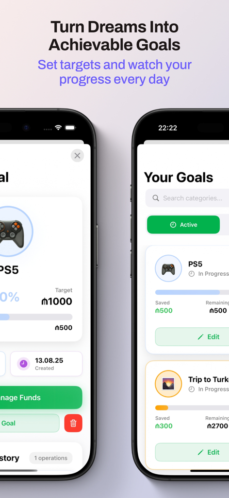 CashCoach - Finance Tracker - Screenshot dell'app CashCoach che mostra il tracciamento visivo dei progressi per obiettivi di risparmio personali come una PS5 e viaggi