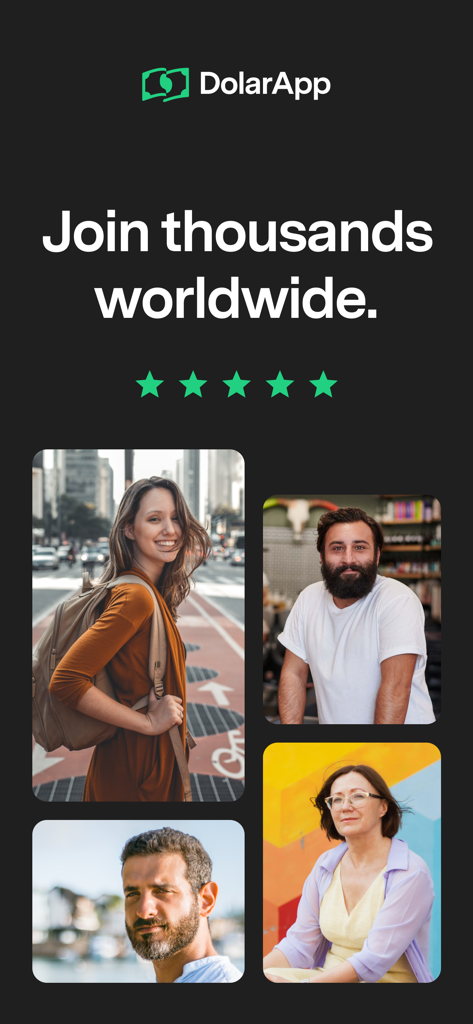 Tela promocional DolarApp com avaliação de cinco estrelas e uma colagem de diversos usuários globais