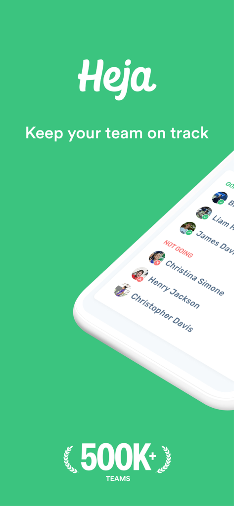 Heja - Heja sports team management app screen showing team member availability list and 500k teams badge