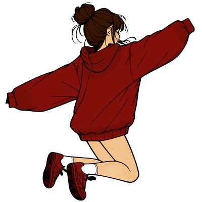 realistic girl jumping with a bun and oversized sweatshirt