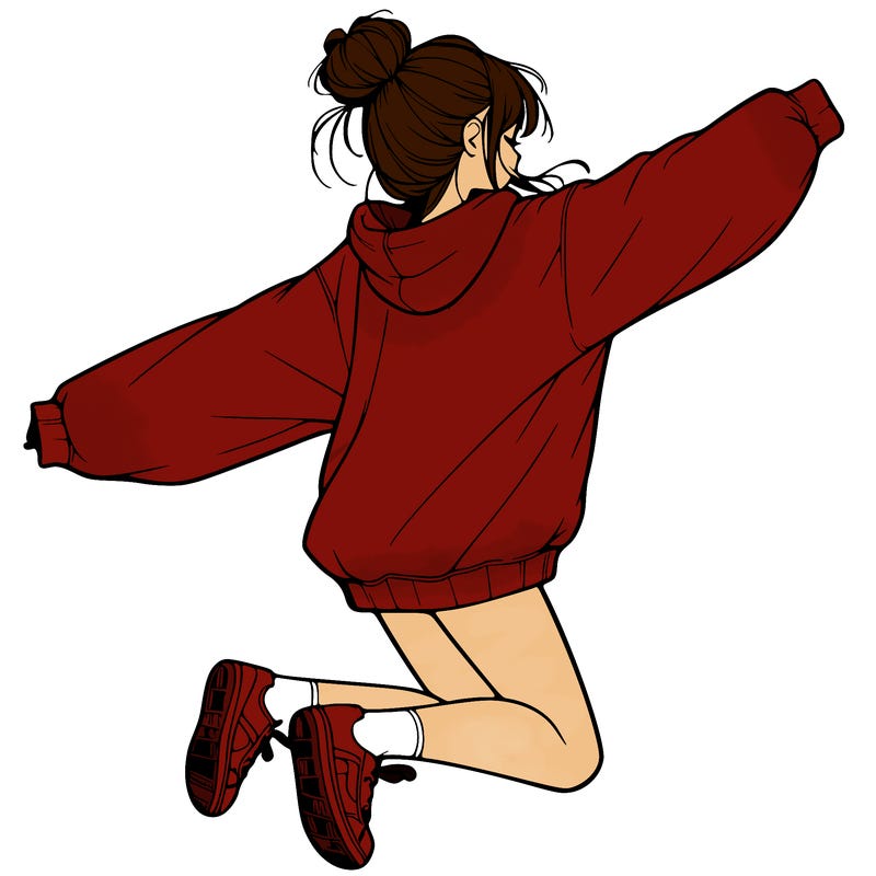 realistic girl jumping with a bun and oversized sweatshirt