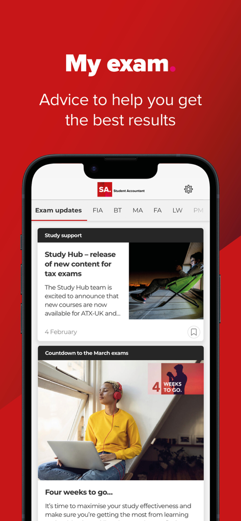 ACCA Student Accountant - Mobile view of the ACCA Student Accountant app interface showing exam updates and study support resources