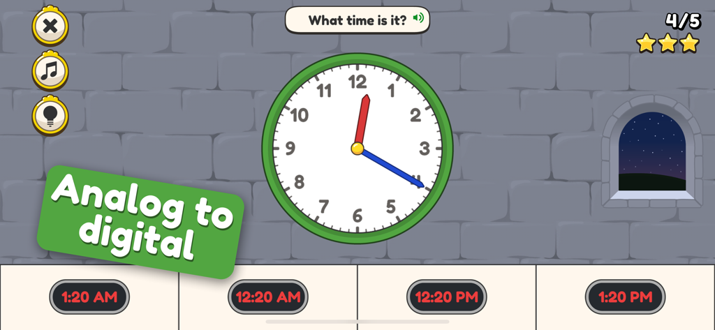 King of Math: Telling Time - Educational game screen showing an analog clock exercise with multiple-choice digital time answers