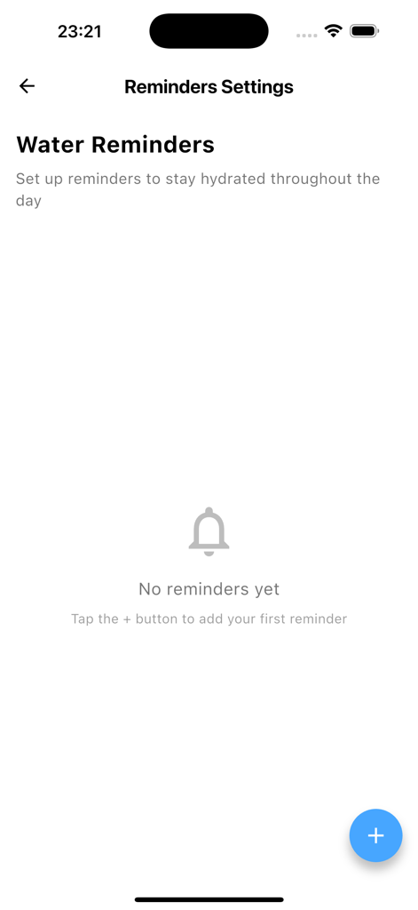 Waterry - Water Reminder - Interfaz limpia de configuración de recordatorios de la aplicación Waterry para agregar alertas de hidratación.