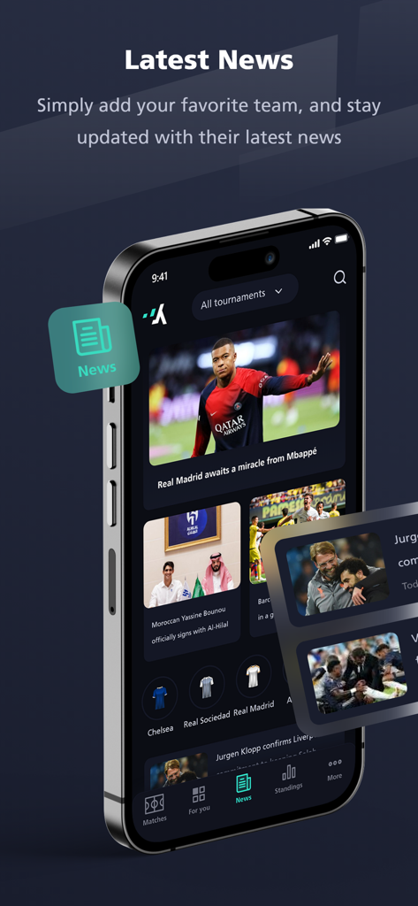 Yalla Shoot - Live Scores - Interface of the Yalla Shoot app showing the latest football news and articles on an iPhone