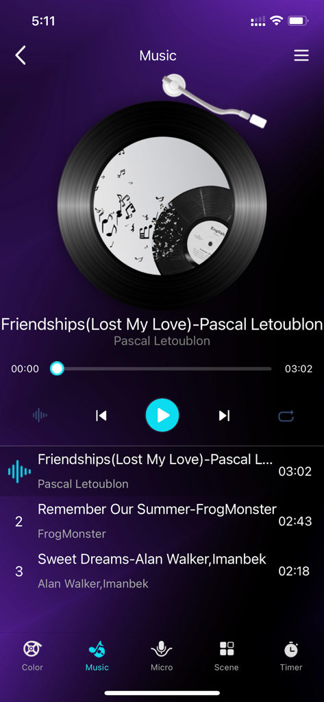 Dazzling Home - Music playback and light synchronization screen in the Dazzling Home app featuring a vinyl record interface and song list