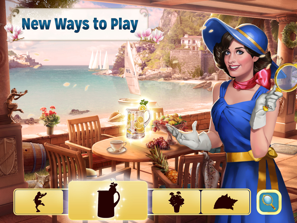 Pearl’s Peril: Hidden Objects - Pearl Wallace holding a magnifying glass in a 1930s hidden object scene with silhouette matching icons
