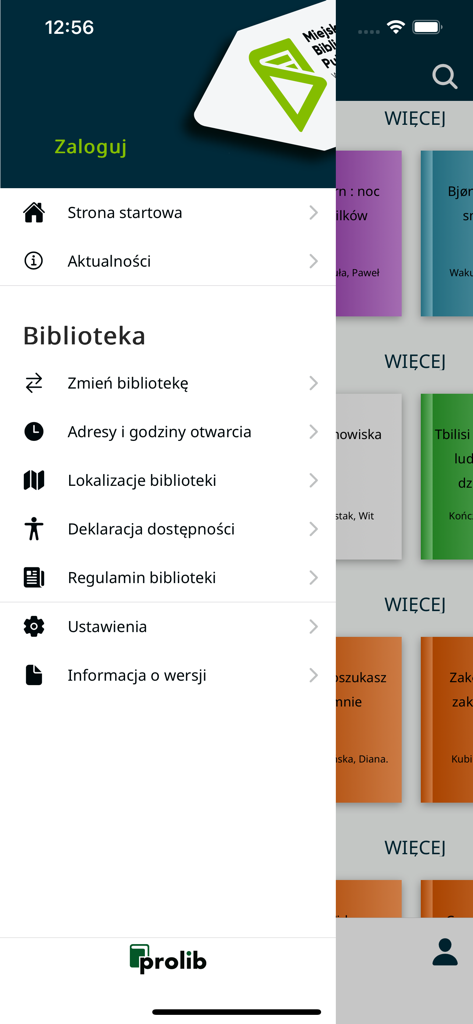 MBP Szczecin - mProlib - Side navigation menu of the MBP Szczecin mProlib library mobile app